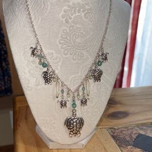 Silver and Green Turtle Pendant Necklace